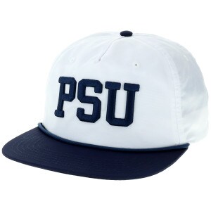 white hat with navy embroidered PSU and brim with rope